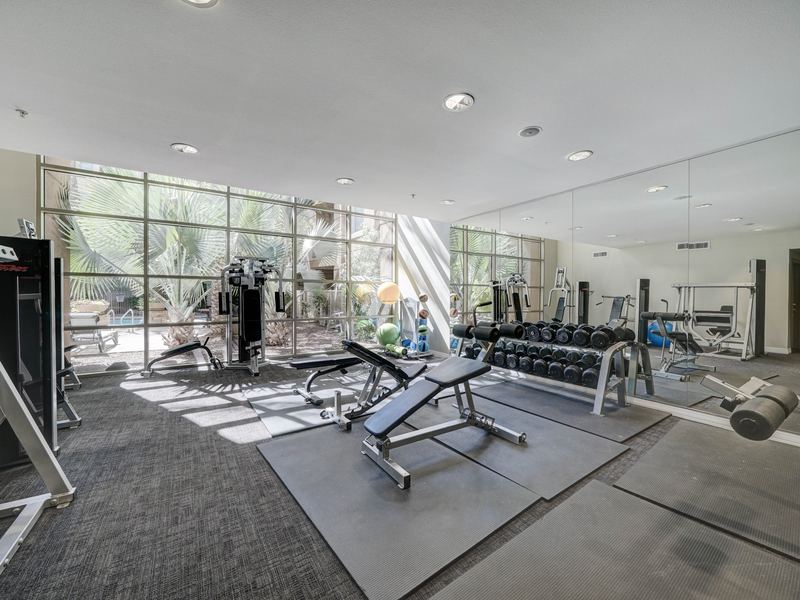 Biltmore Square's bi-level fitness center with cardio and weight equipment
