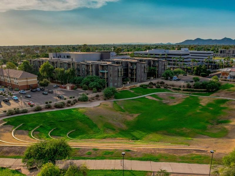 Aerial view of the public park and amphitheater across the street from Biltmore Square