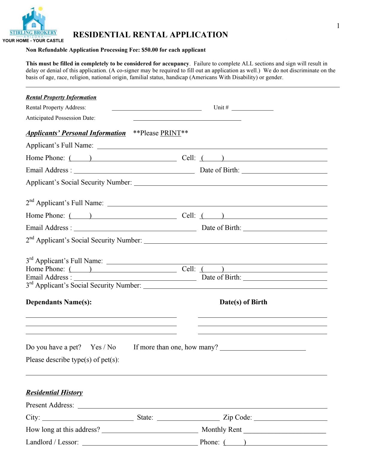 First page of the Biltmore Square credit application form