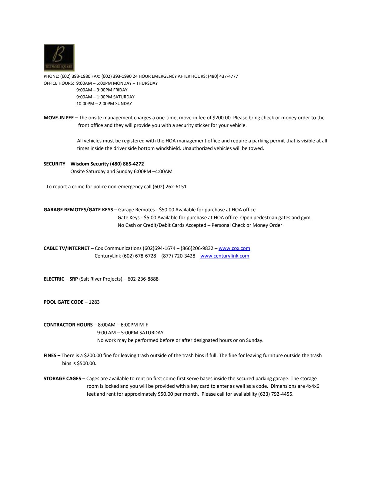 First page of the Biltmore Square community info sheet