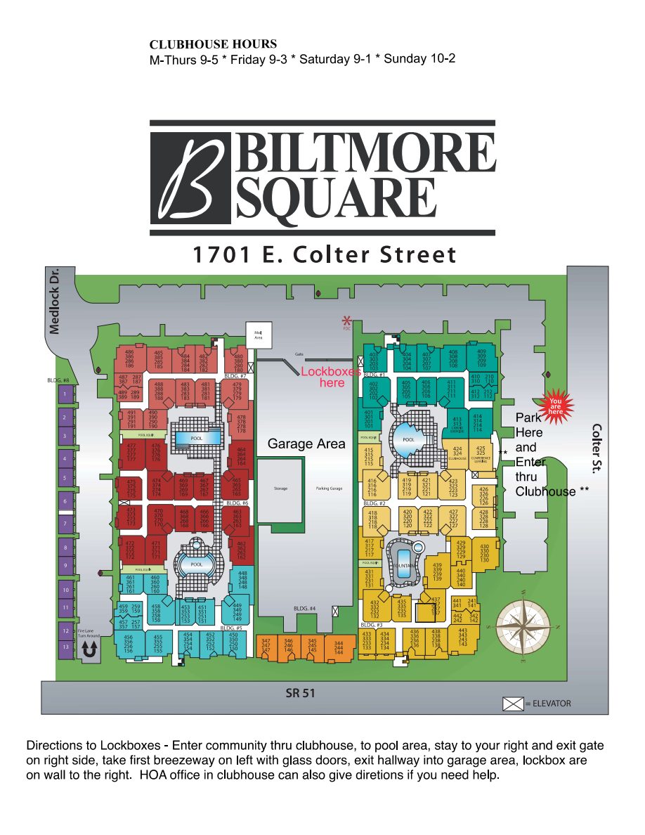Biltmore Square community site map showing building and unit layout