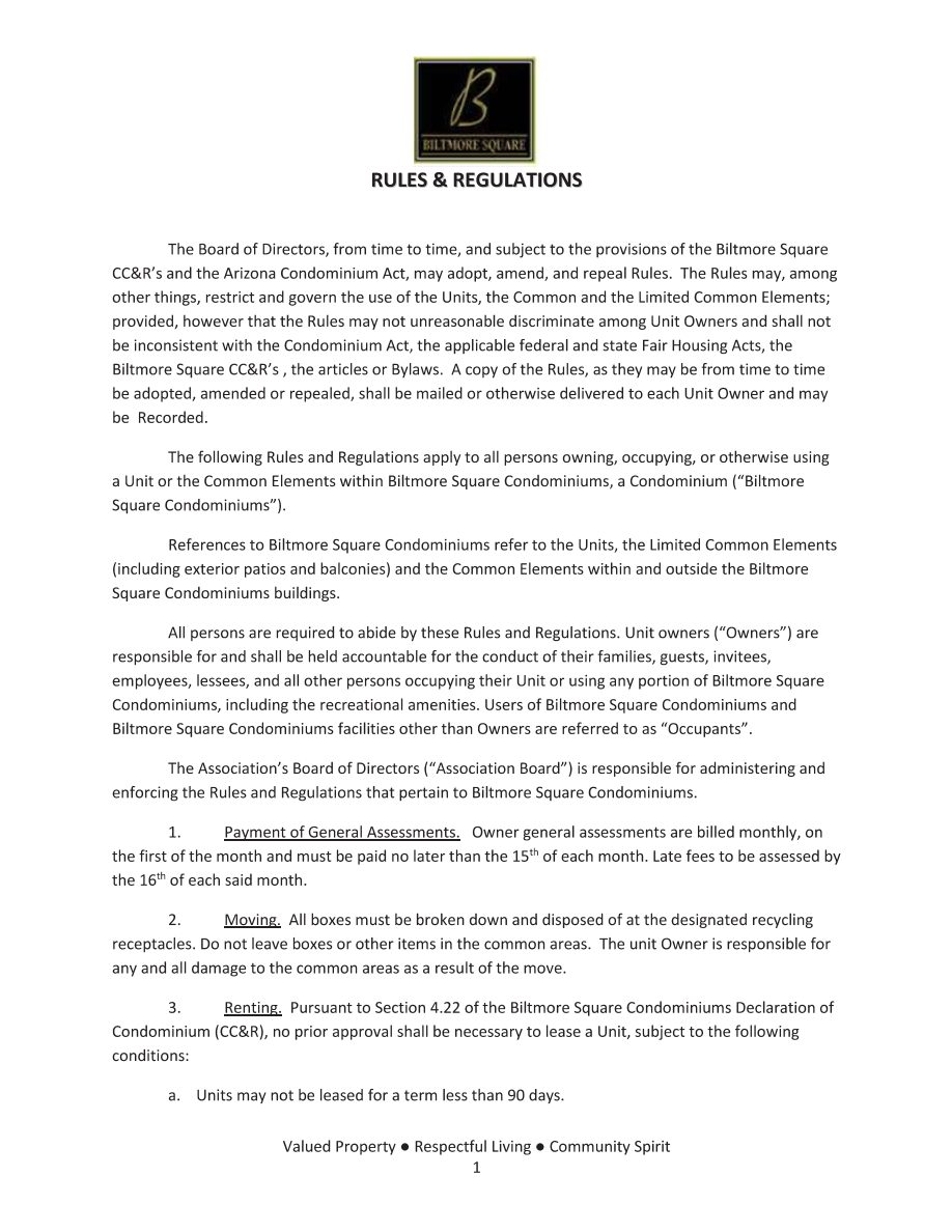 First page of the Biltmore Square Rules and Regulations document