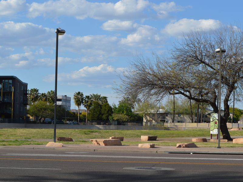 Street-level view of the public park across from Biltmore Square